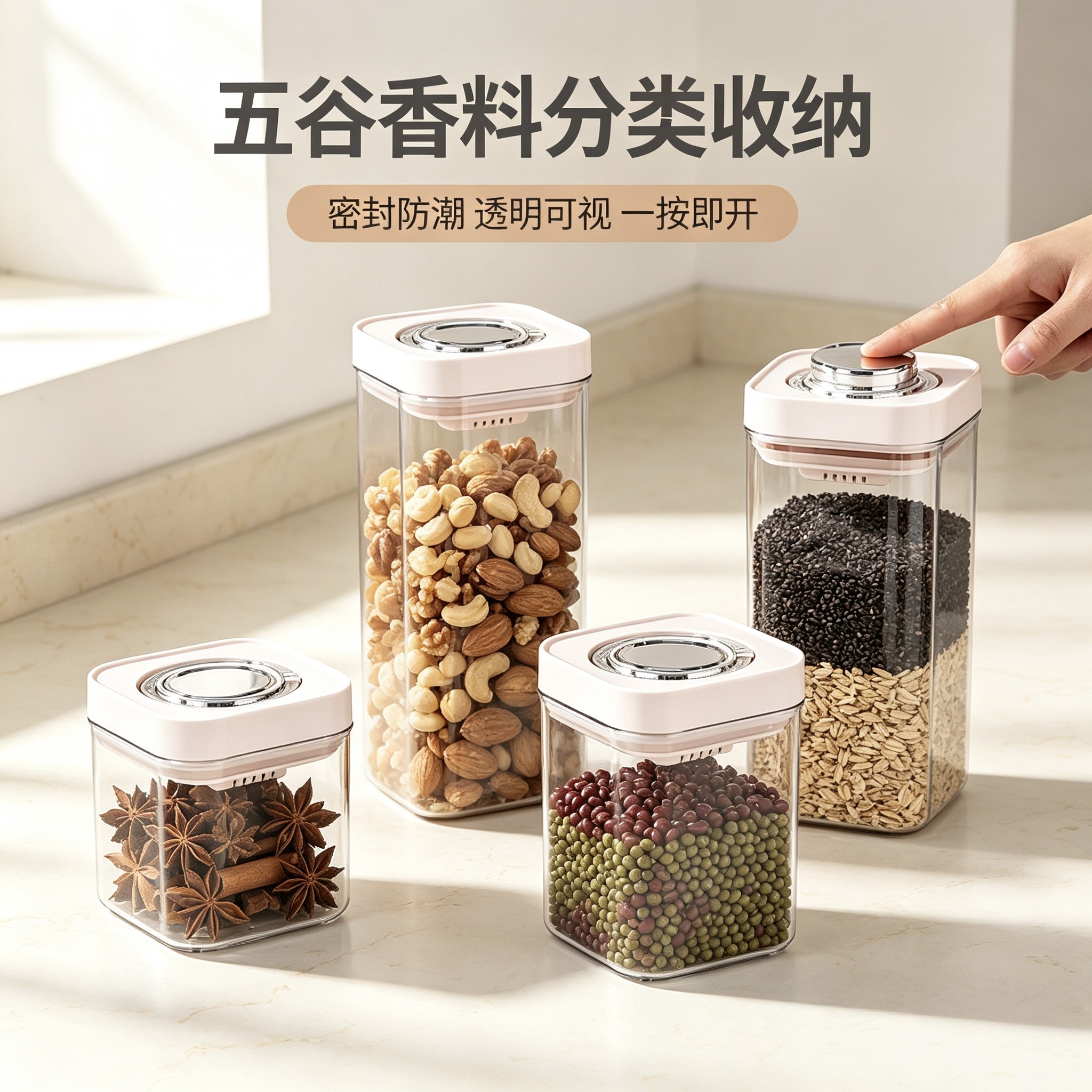 可扣按压式密封罐食品级储存储物罐厨房香料豆坚果五谷杂粮收纳盒