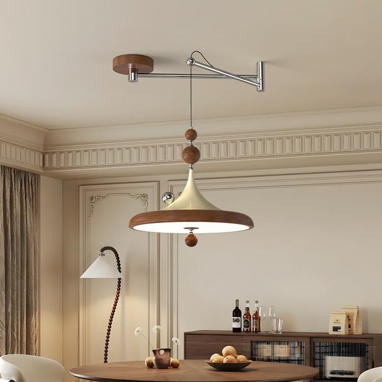 法式复古餐厅摇臂吊灯中古风胡桃木色简约可移位书房护眼飞碟吊灯