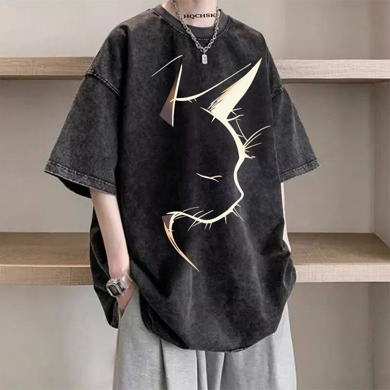 大码300斤纯棉短袖t恤男女款夏美式潮牌百搭小众半袖水洗做旧黑色
