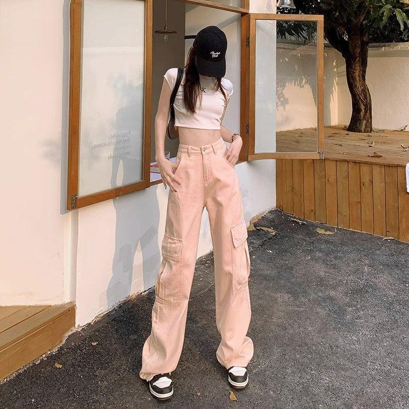 高个子脏a粉色工装牛仔裤女春夏款美式高腰宽松休闲直筒窄版阔腿