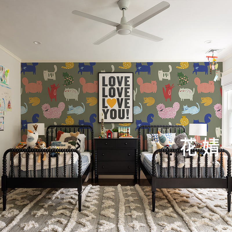 墙纸定制可爱猫咪壁纸卧室床头温C馨墙布北欧儿童房创意背景墙壁