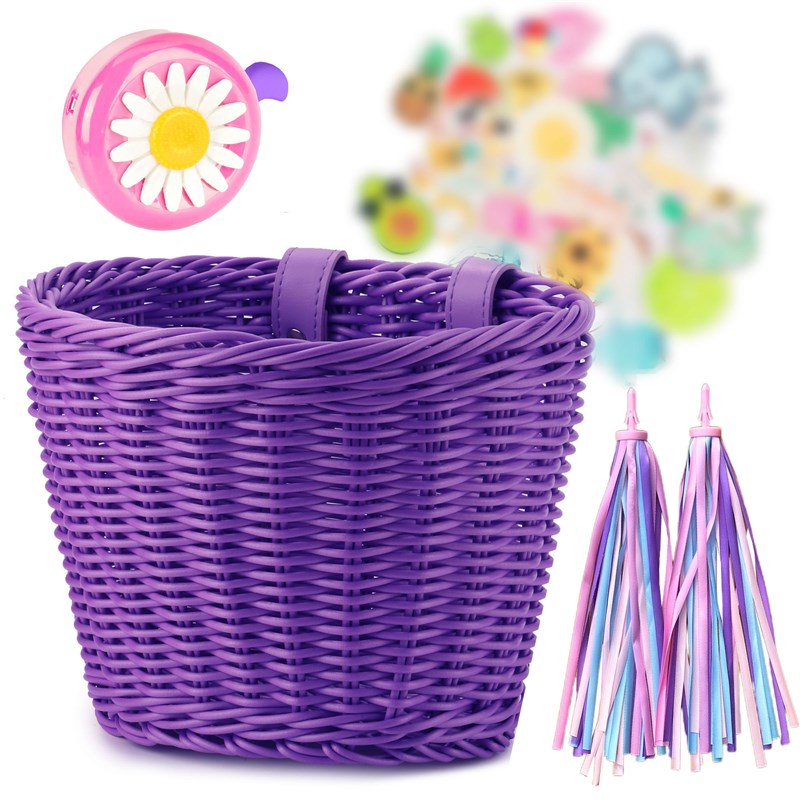 自行车篮手工编织儿童自行车车篮仿藤编车篮柳编车筐紫色塑料篮