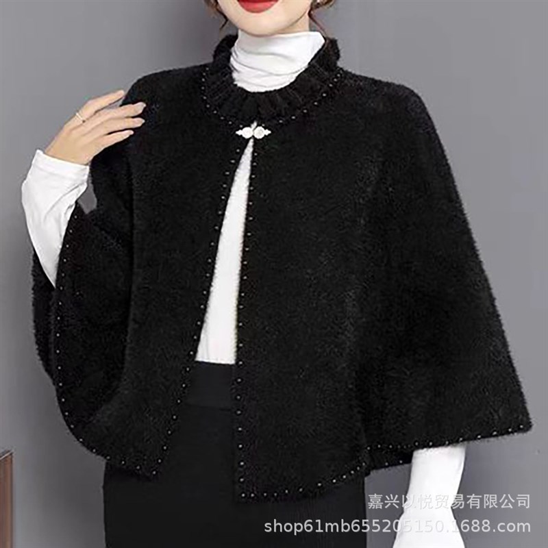 春秋仿貂白色木耳边钉珠披肩宽松文艺小外套斗篷开衫女搭旗袍披风