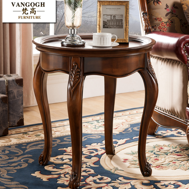 美式全实a木角几客厅沙发边几欧式休闲圆几小圆桌复古深色小茶几