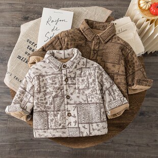 男童加绒衬衫冬季加厚夹棉保暖衣儿童新款2024洋气花衬衣宝宝上衣