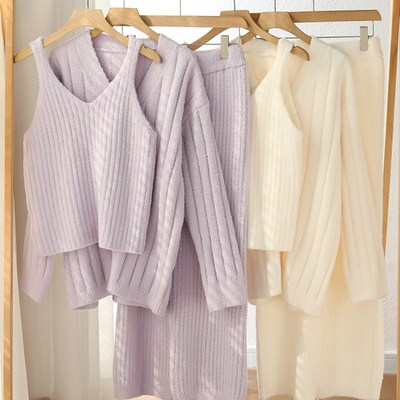 眠岛半边绒睡衣女软绵绵冬季纯色加绒加厚开U衫三件套家居服