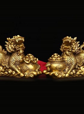 铜麒麟摆件一对聚宝盆麒麟家用办公室J客厅玄关桌面铜摆件礼品