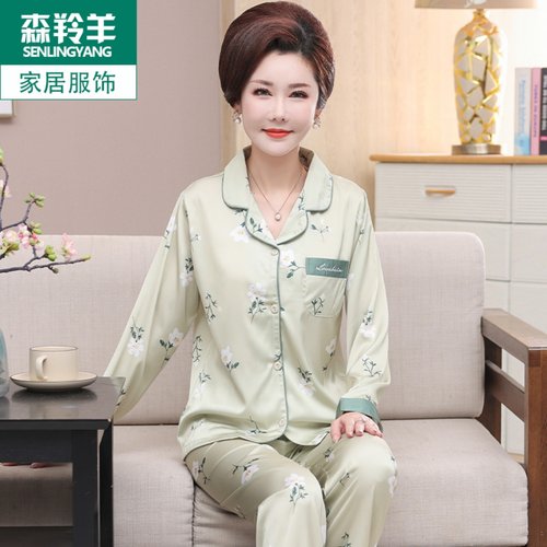 妈妈冰丝睡衣女春秋季长袖夏季薄款女士J开衫丝绸可外穿家居服套