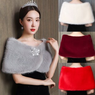 新娘婚纱毛披肩白红色2023新款冬季结婚礼服保暖加厚仿皮草毛外套