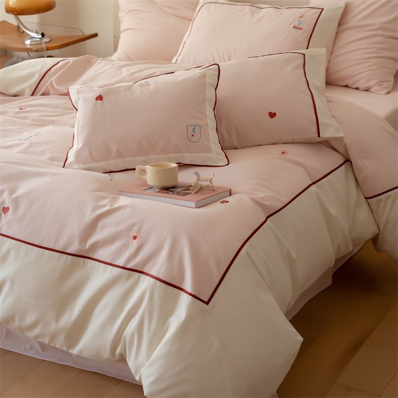 少女心秋冬加厚60支全棉磨毛四件套简约刺绣纯棉被套X粉色床上用,床上用品,床品套件/四件套/多件套,淘宝优惠券,粉丝福利购,淘宝优惠卷
