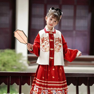 女童汉服宋制三件套比甲马面裙马甲红色年服明代女儿红色秋冬新款