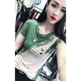 T恤女欧货气质微胖穿搭上衣纱衣小衫 夏装 印花网纱短袖 修身 潮 新款