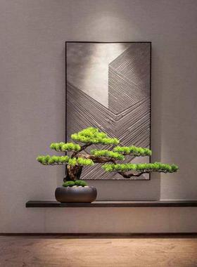 新中式仿真迎客松盆景客s厅博古架玄关门厅柜摆件软装绿植禅意造