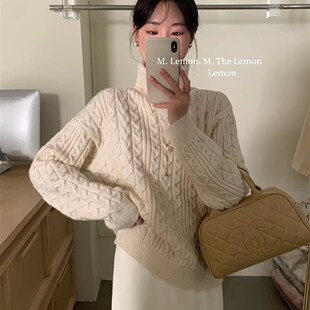 韩版加厚麻花高领毛衣女2024秋冬新款慵懒复古宽松套头打底针织衫