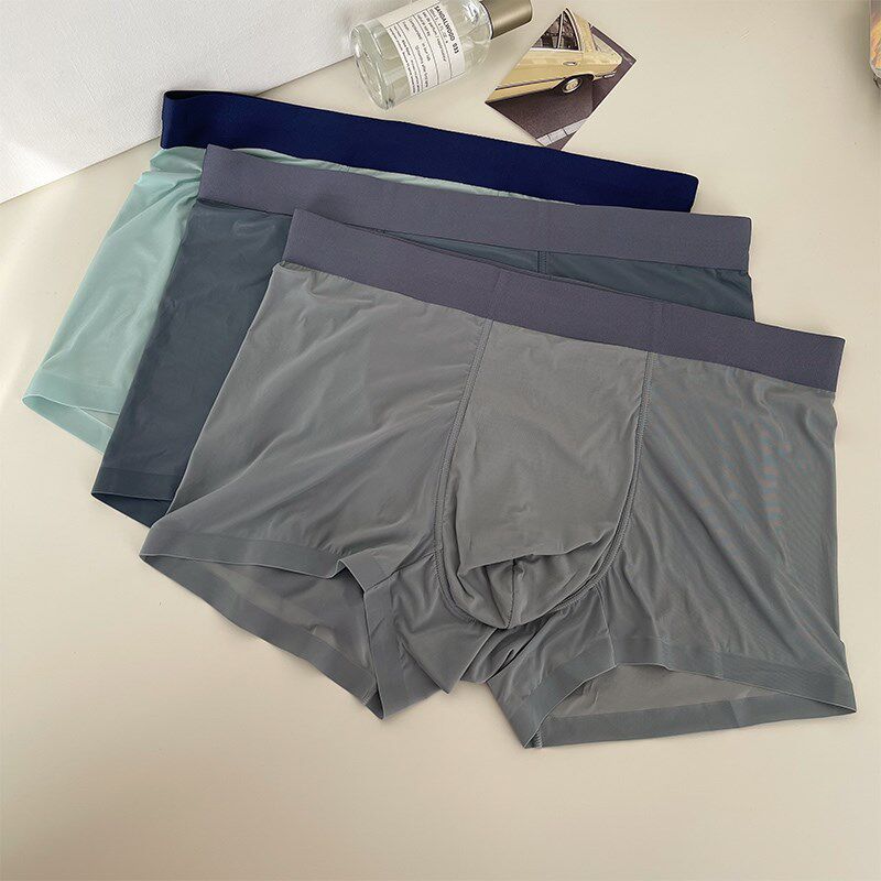 男士四角裤冰f丝无痕平角短裤夏季薄款透气运动裤头一片式抗菌裤