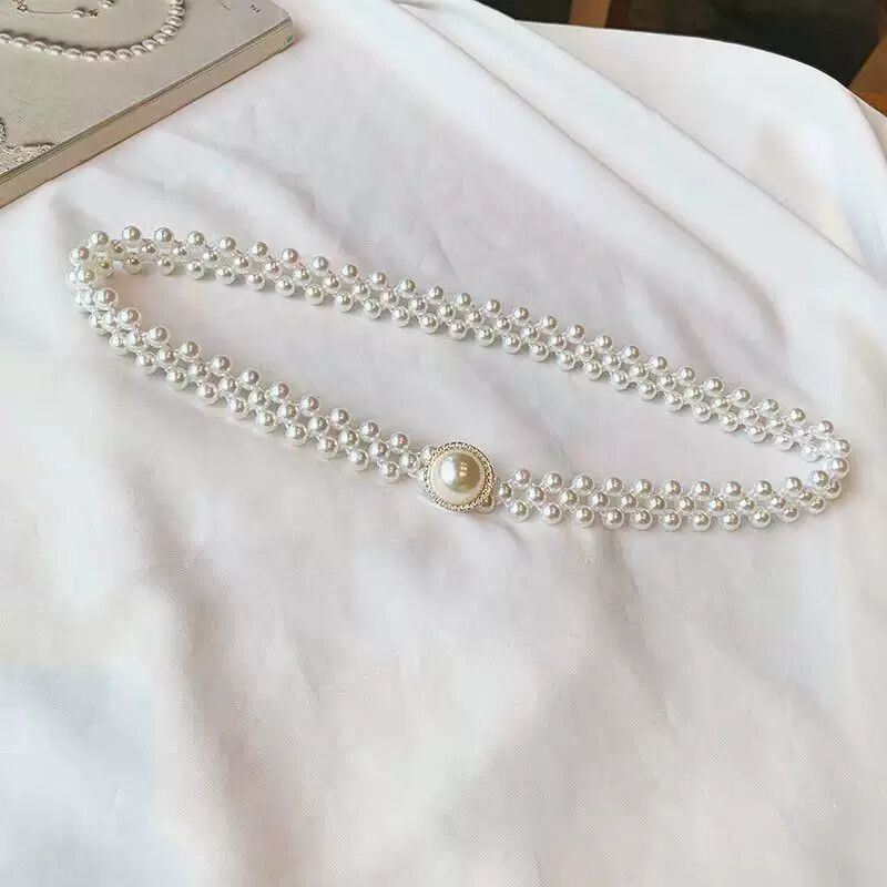 白色珍珠腰链女士弹力收腰装饰链条配洋装子腰带松紧皮带女百搭