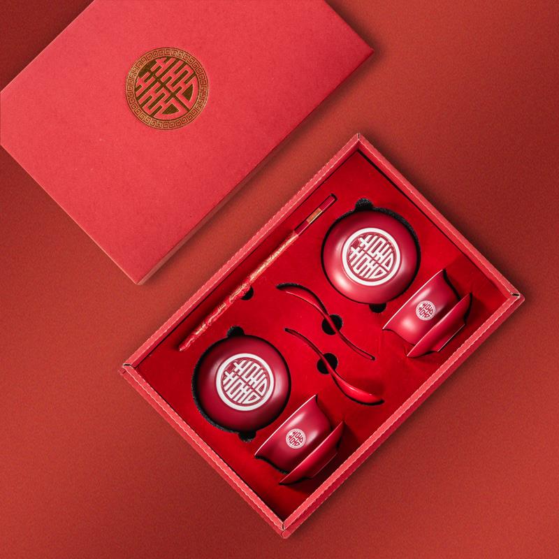 结婚改口敬茶杯子一对喜碗筷套装婚礼喜杯婚庆陶瓷红色盖碗礼盒装