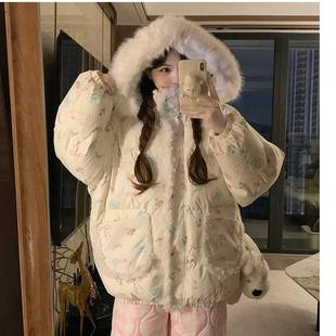 甜美多巴胺宽松保暖短款兔子星星白羽绒棉服女2025年秋冬棉衣棉服
