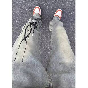 港风潮男夏季新款2025个性字母牛仔裤嘻哈ins潮高街潮流痞帅长裤