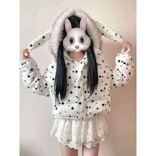 美式复古连帽毛领星星棉服外套女冬季新款百搭宽松学生保暖面包服