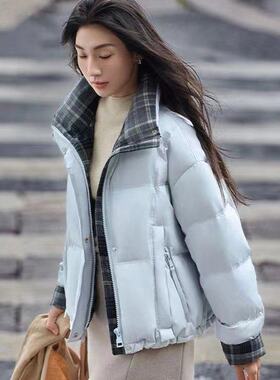 实拍格纹拼接学院风时尚短款羽绒棉服女2025冬季新款立领韩版外套