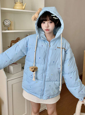 文文不乖原创可爱波点立领棉服设计感小熊宽松冬季棉衣女面包服