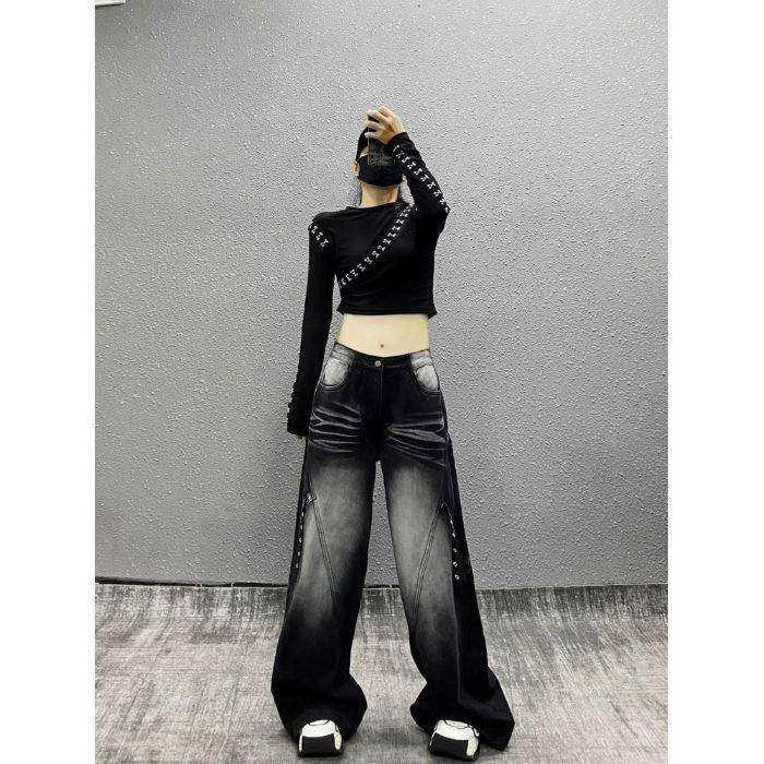 黑色渐变设计感阔腿牛仔裤女2025年春秋新款宽松高腰梨型身材裤子