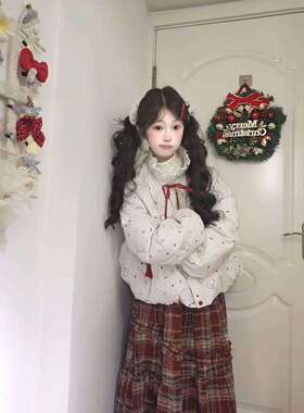 圣诞可爱满印爱心绑带立领棉服外套女学生保暖棉衣棉袄