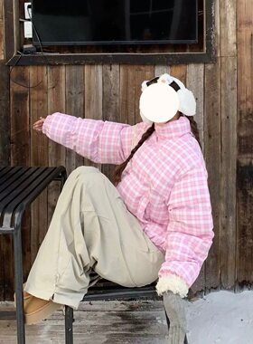 美式格子立领冬季新款外套短款羽绒棉服爆款保暖学生面包服加厚