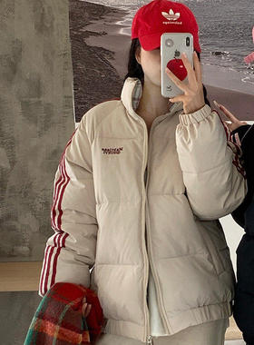 实拍麻瓜织带条纹棉服男女款冬季加厚情侣格子拼接棉衣立领面包服