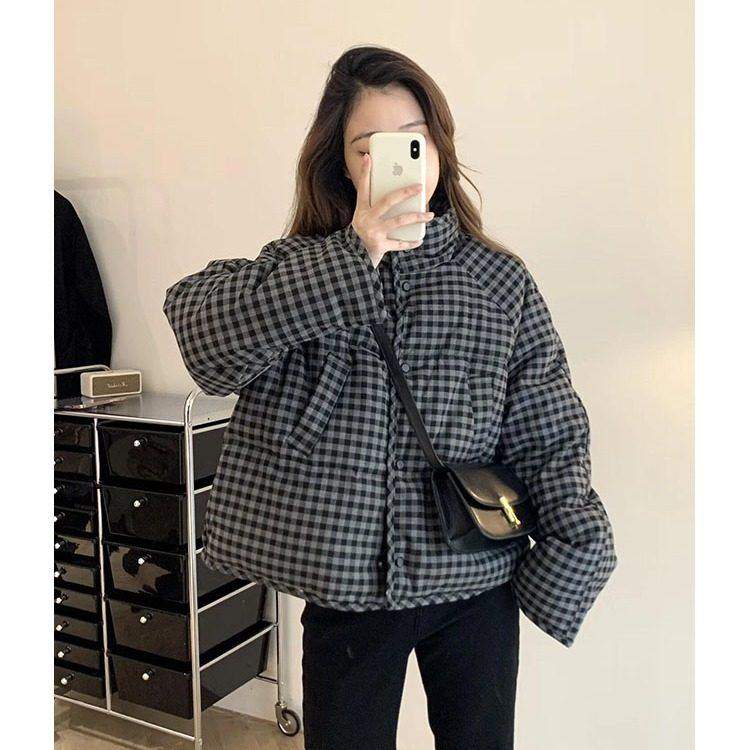 短款格子羽绒棉服女冬季2025新款加厚小个子复古宽松面包服高级感