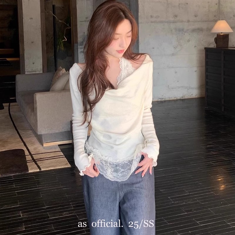 2025早春蕾丝挂m脖针织衫女假两件设计感小众长袖打底T恤纯欲上衣