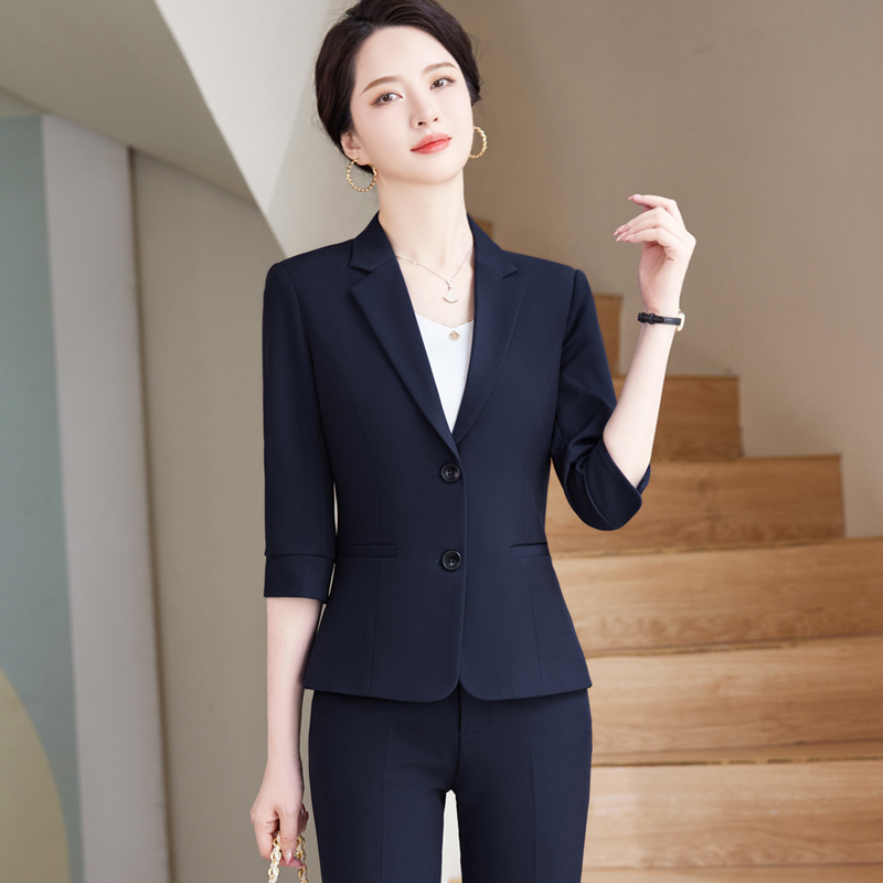 春夏新品女职业西装套装中袖西服外套通I勤黑色七分袖套裤学生面