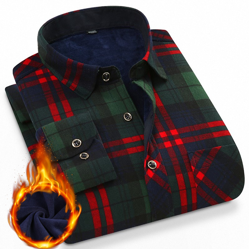 TUCANO/啄木鸟绿色格子男士保暖衬衫冬季加绒加厚休闲大码衬衣