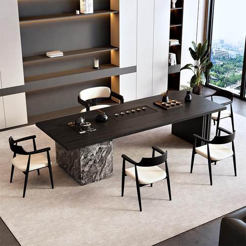 侘寂风黑色实木茶桌椅组合客厅现代轻奢大板办公泡茶桌原木泡茶台