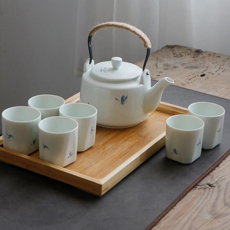 小清新茶具套装家用整套景德镇陶瓷简约大容量提梁茶壶茶杯带茶盘