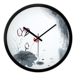 摩门挂钟中国风水墨荷花挂表客厅创意卧室静音国画 画时钟石英钟