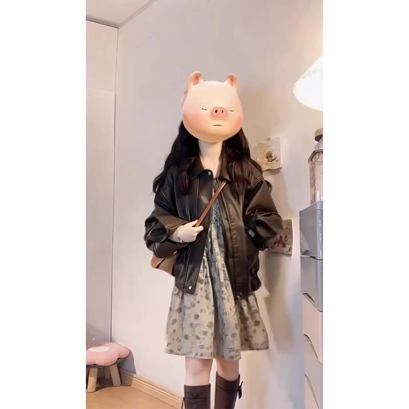 开春搭配一整套美式m复古气质宽松咖色皮衣短外套碎花半身裙两件