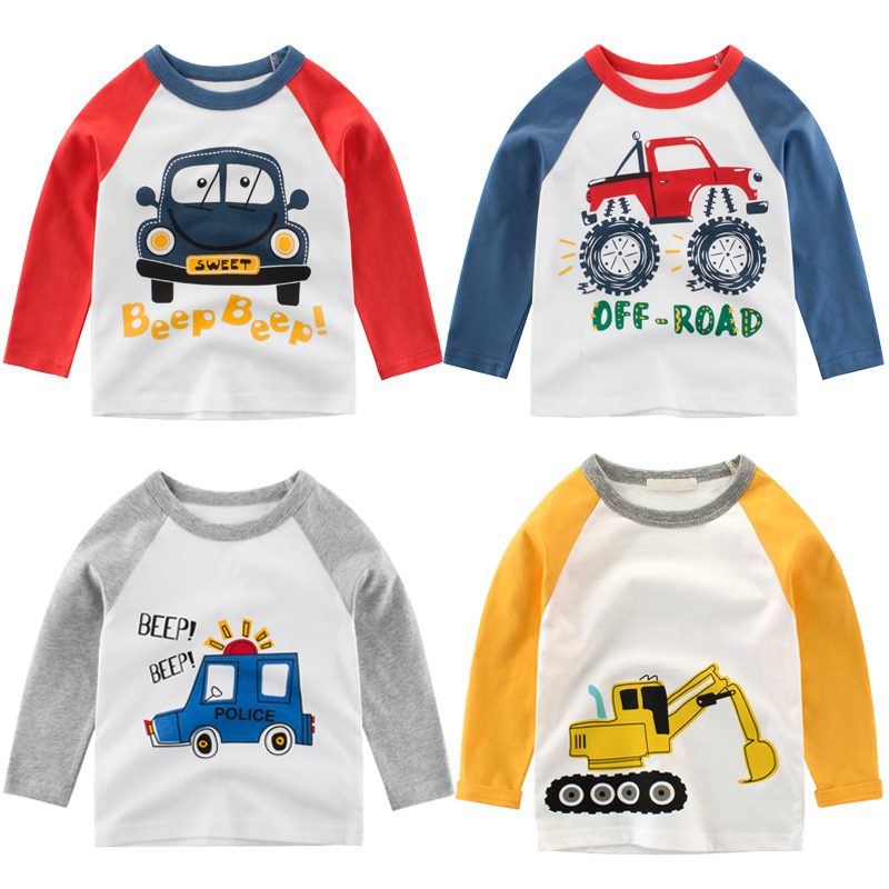 4男童长袖cT恤纯棉小汽车挖掘挖土机图案衣服3宝宝5岁男孩秋季童