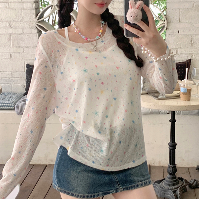 薄款防晒罩衫长袖T恤女夏大码胖mm速干冰丝针织衫吊W带两件套上衣