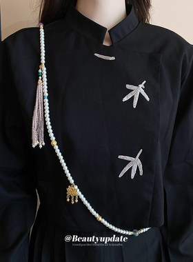 真金电镀新中式莲花珍珠项链身体链古风多层高级感气质锁骨链项饰