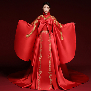 中国风红色主持人礼服o女新款端庄大气舞台演出服长款拖尾走秀旗