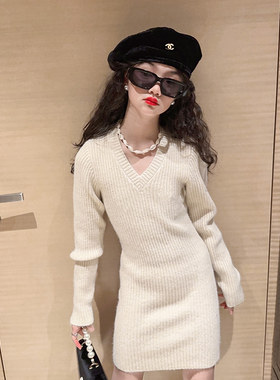女童多巴胺穿搭韩版nV领打底针织洋装2023秋冬内搭紧身毛衣包臀