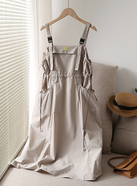 藏肉肉吖!工装吊带裙连衣裙女抽绳收D腰2022年夏季灰色无袖背带裙