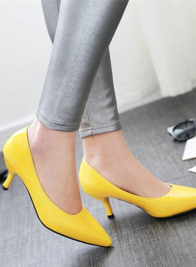 休闲素面百搭糖果色漆皮尖头单鞋大码44 45 46 47 48码高跟鞋黄色