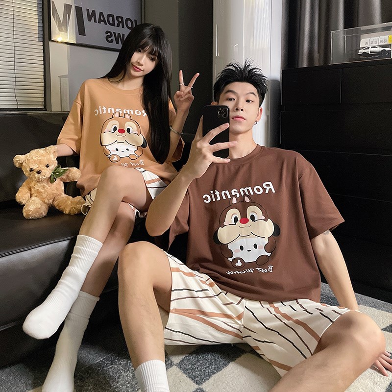 夏季纯棉短袖情侣睡衣女款休闲条纹短裤大M码家居服男士凉爽棉套