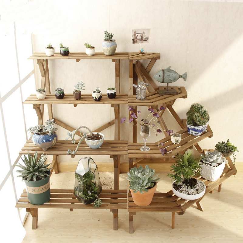 双予花架 四层实木阶梯多肉 置物架阳台落地植物仿古防腐花架
