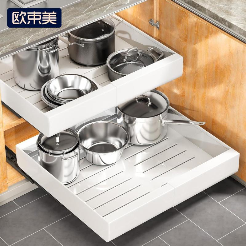 橱柜分层架厨房锅架置物架抽屉式餐具收纳架水槽下抽拉锅碗分隔架