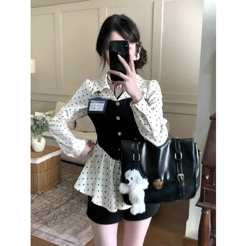 大码假两件收腰衬衫上衣女春季设计感小众胖MM遮肚子Y显瘦波点热