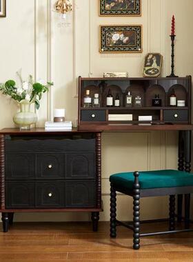 法式复古实木美式妆台梳妆台一体卧室斗柜黑色收纳化妆床尾镜子